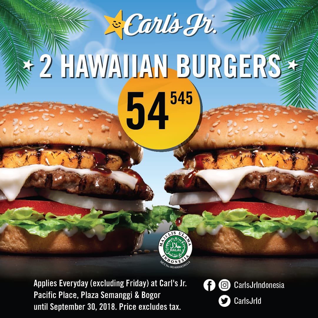 promo makanan bulan September 2018, info promo terbaru 2 hawaiian burgers-nya Carl's Jr
